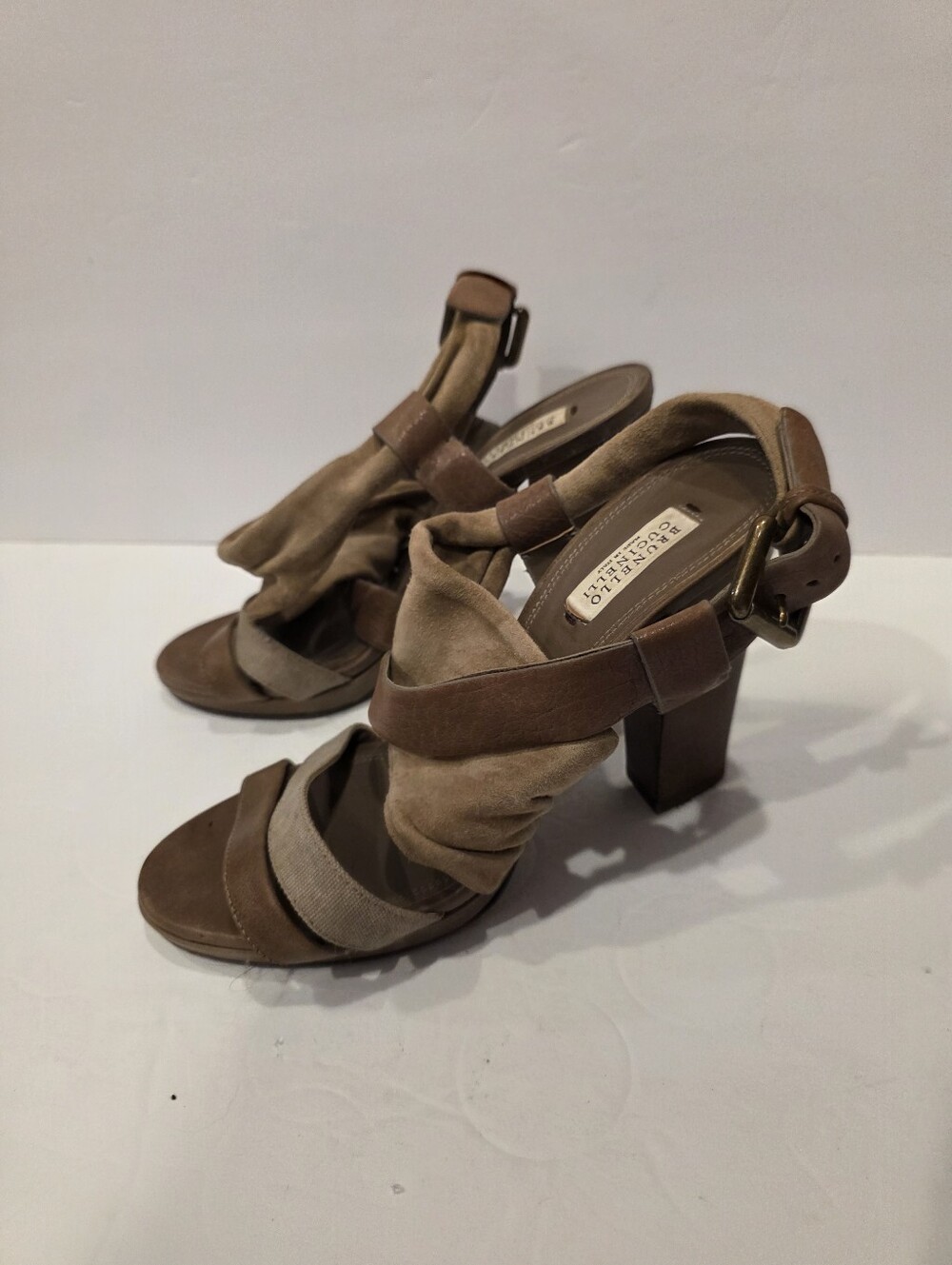 Brunello Cucinelli Italian Luxury Brown Suede & Leather Chunk Heel Sandals Shoes
